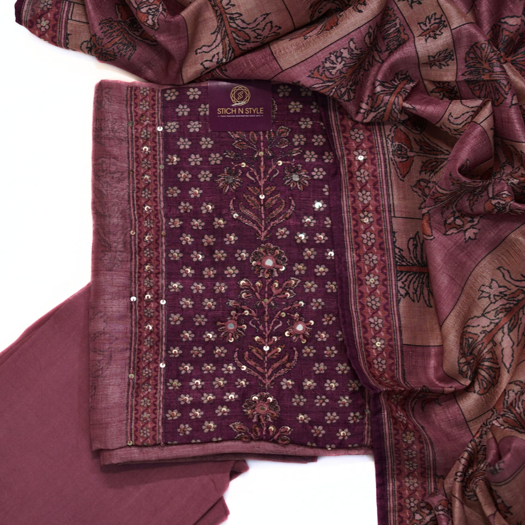 Tussar salwar set with yoke print and hand work and tusser dhupatta with digital print.
