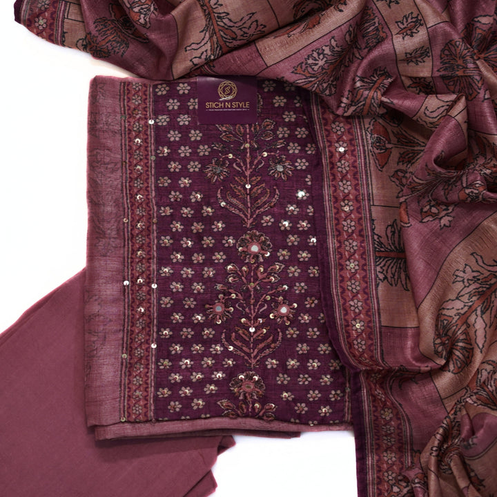 Tussar salwar set with yoke print and hand work and tusser dhupatta with digital print.