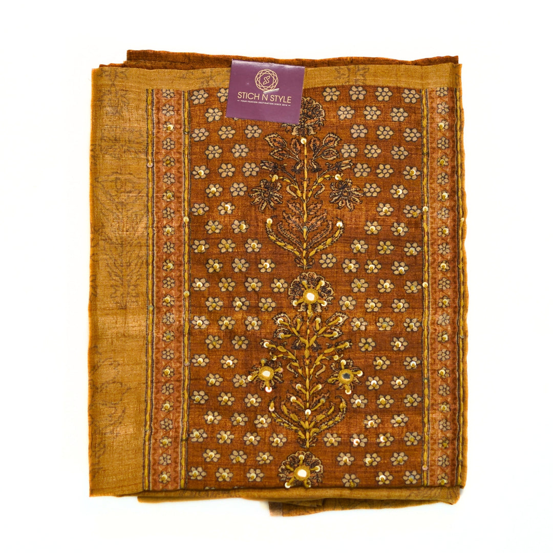 Tussar salwar set with yoke print and hand work and tusser dhupatta with digital print.