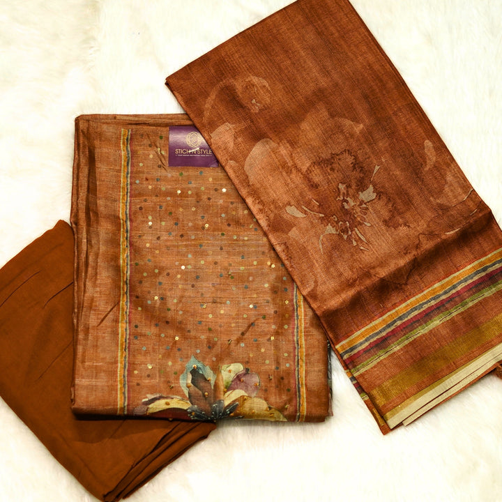 Tussar salwar with yoke sequence work and digital print dhupatta.