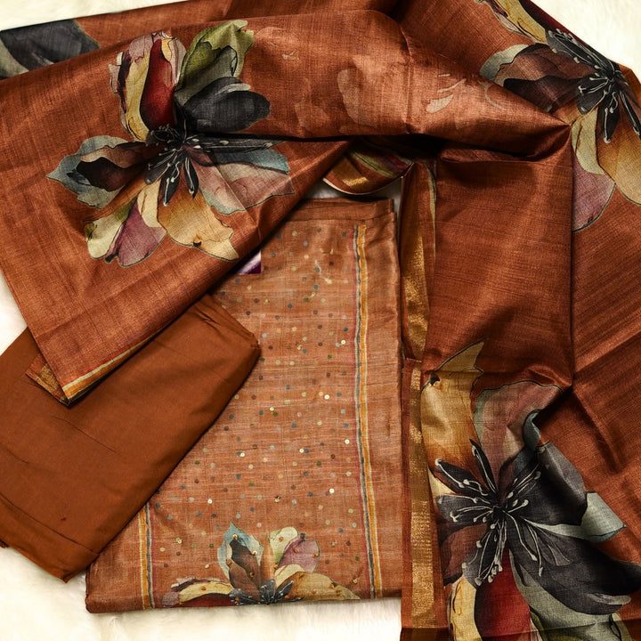 Tussar salwar with yoke sequence work and digital print dhupatta.