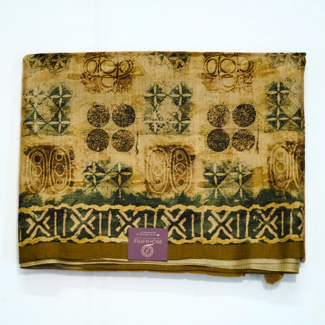 Semi tussar saree with geomentrical print all over, with a beautiful border for office wear.