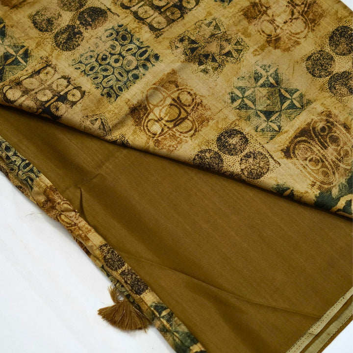 Semi tussar saree with geomentrical print all over, with a beautiful border for office wear.