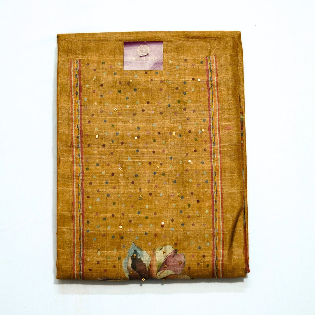 Tussar salwar with yoke sequence work and digital print dhupatta.
