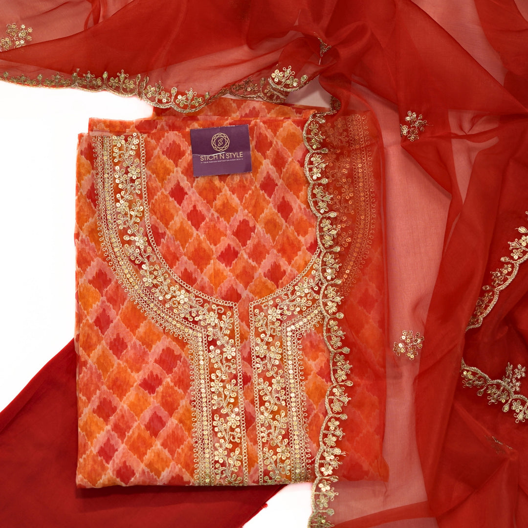 Organza salwar set with neck zari and organza dhupatta.