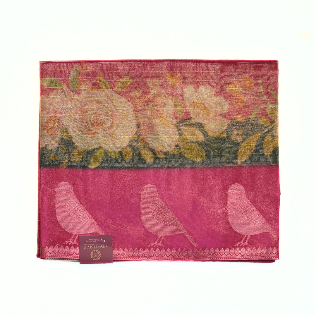 Tissue organza saree with all over lines and digital print.