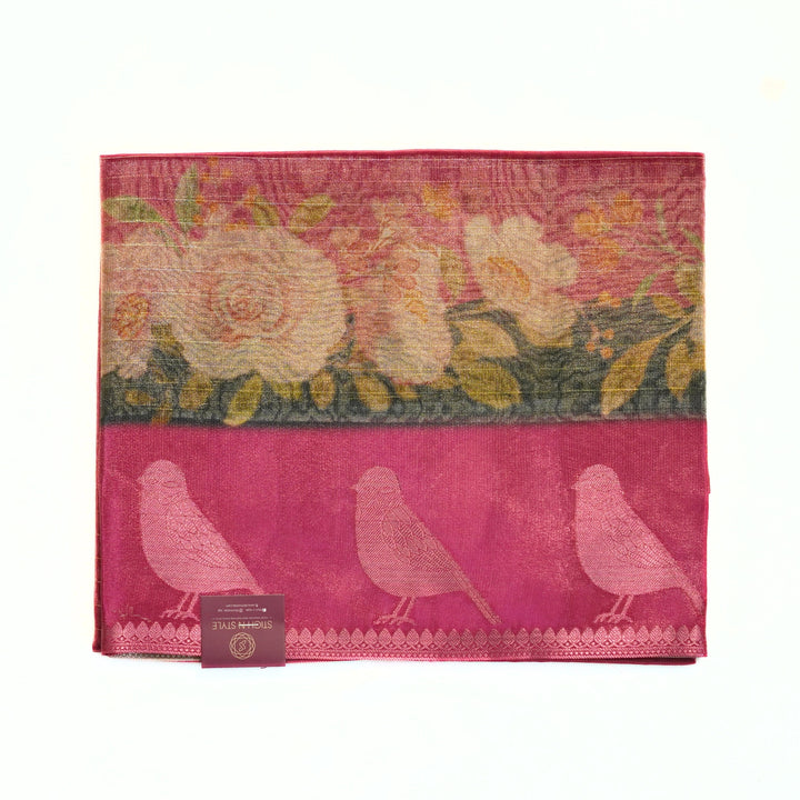 Tissue organza saree with all over lines and digital print.