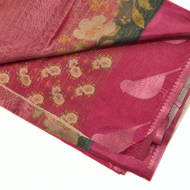 Tissue organza saree with all over lines and digital print.