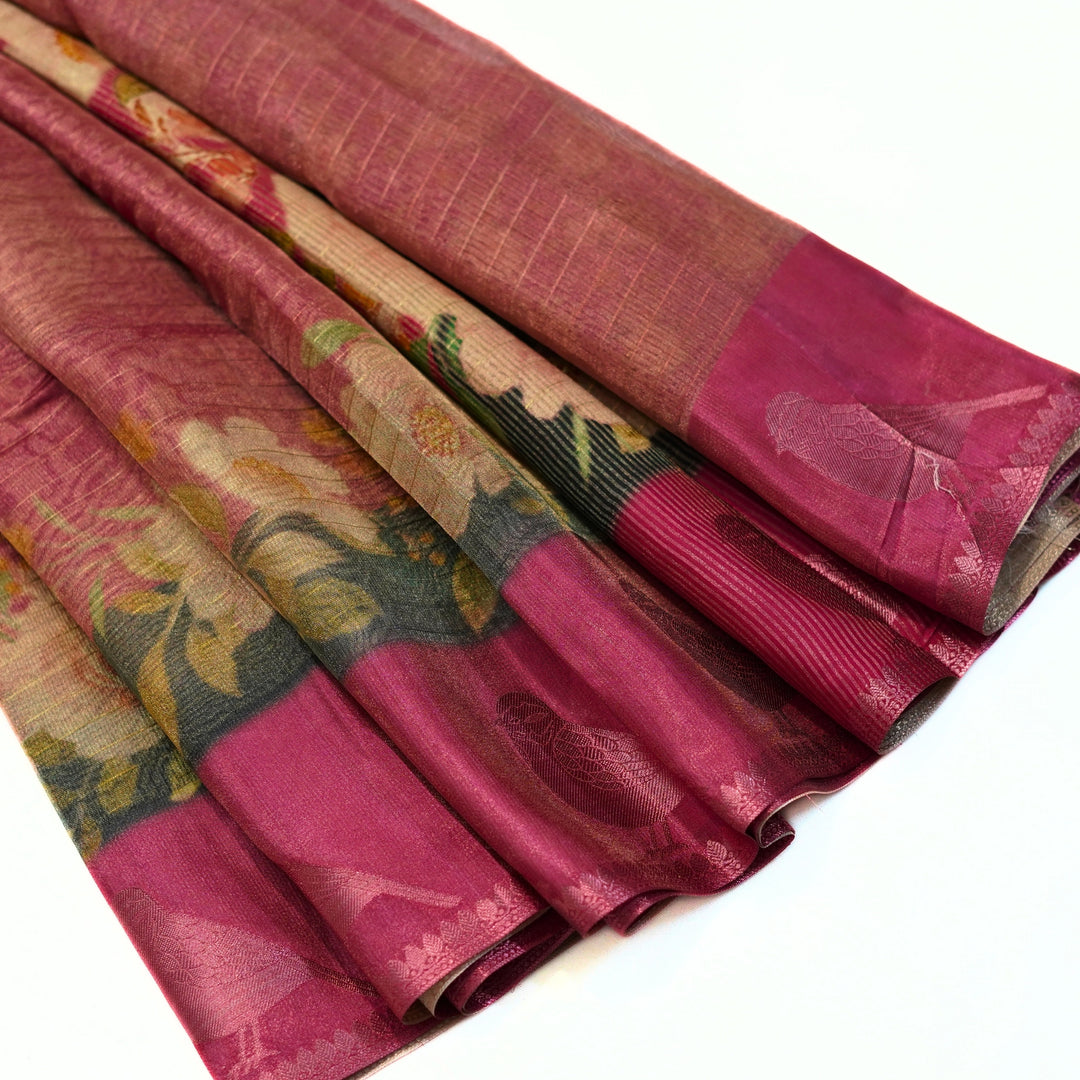 Tissue organza saree with all over lines and digital print.