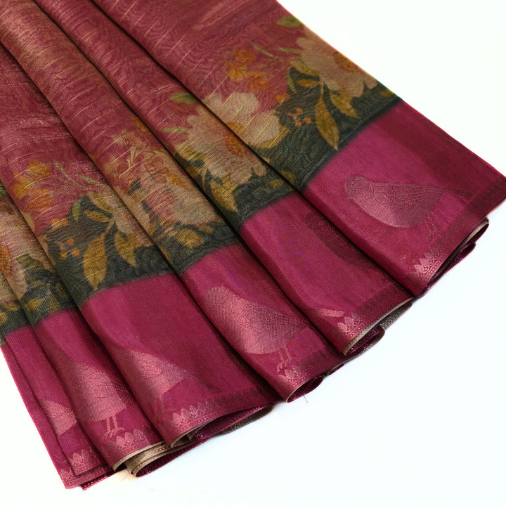 Tissue organza saree with all over lines and digital print.