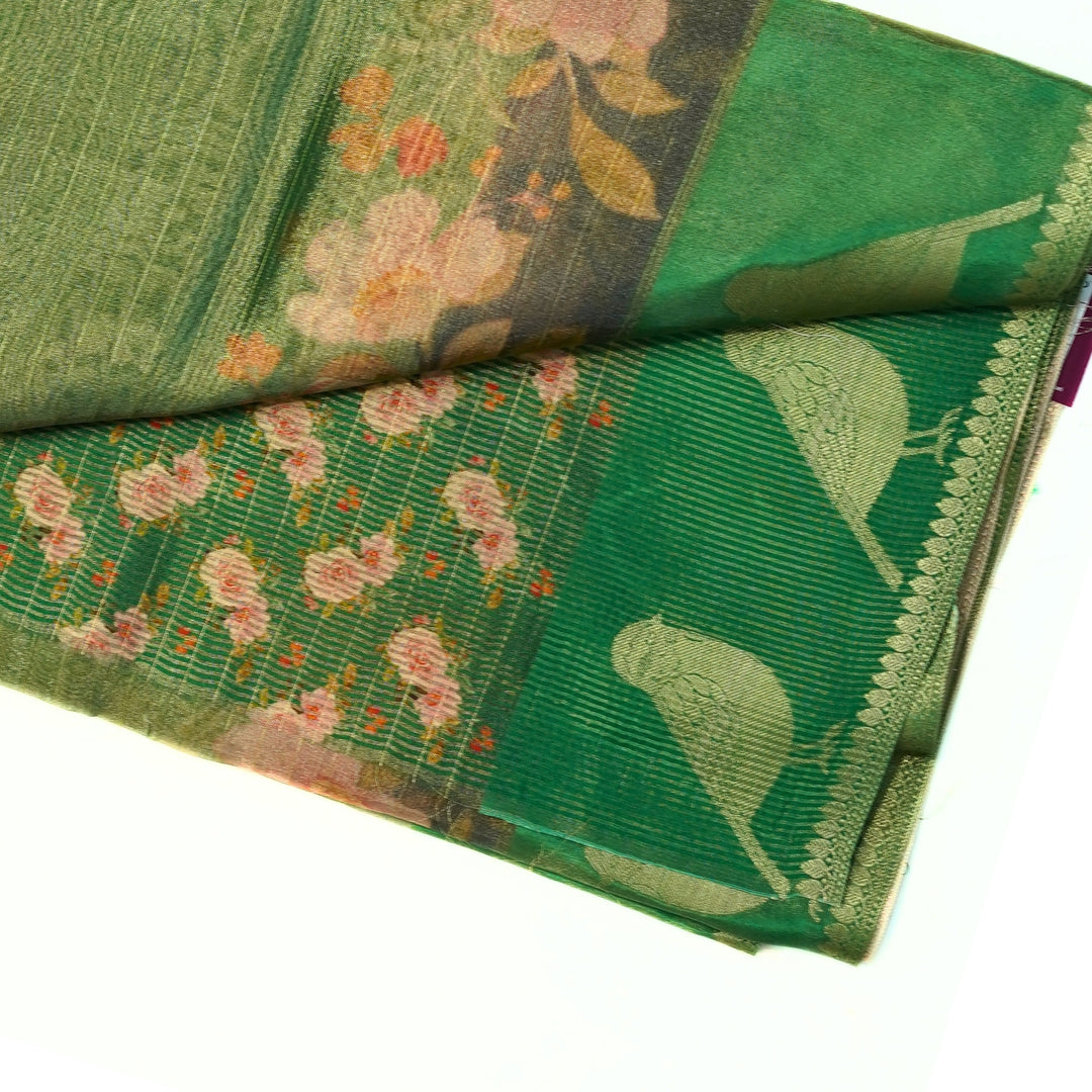 Tissue organza saree with all over lines and digital print.