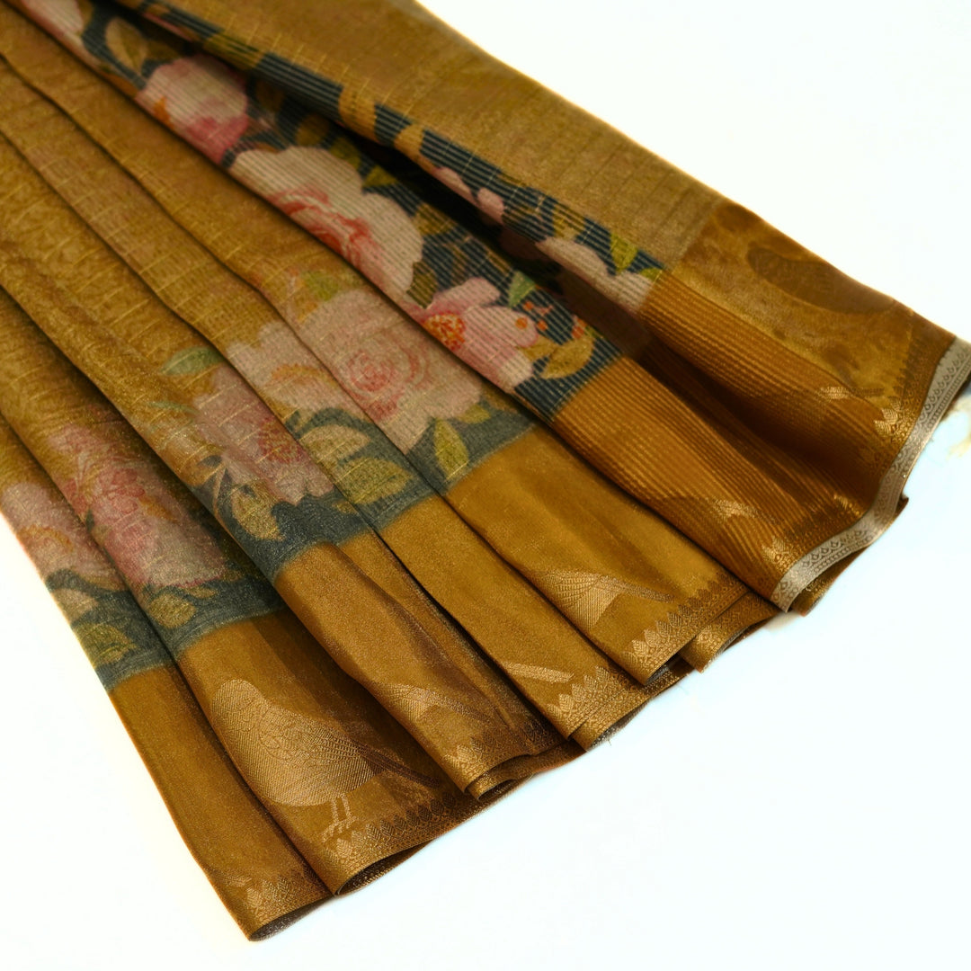 Tissue organza saree with all over lines and digital print.
