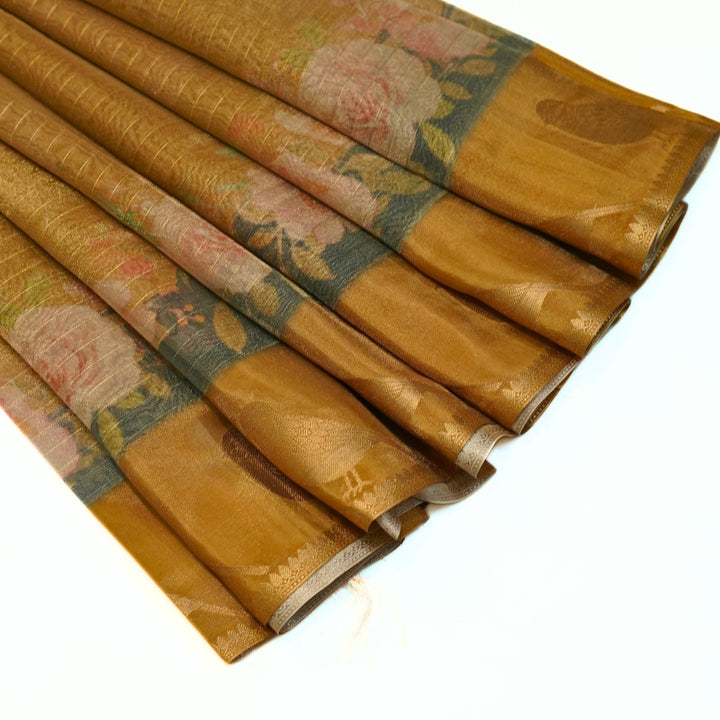 Tissue organza saree with all over lines and digital print.