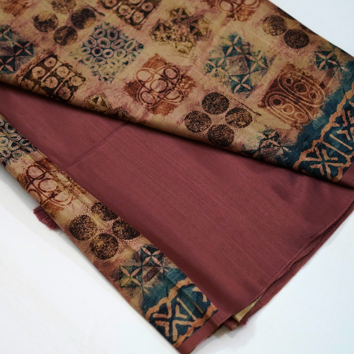 Semi tussar saree with geomentrical print all over, with a beautiful border for office wear.