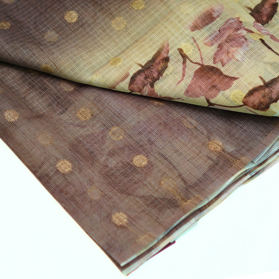 Kotta saree with all over zari butta and digital print floral border.