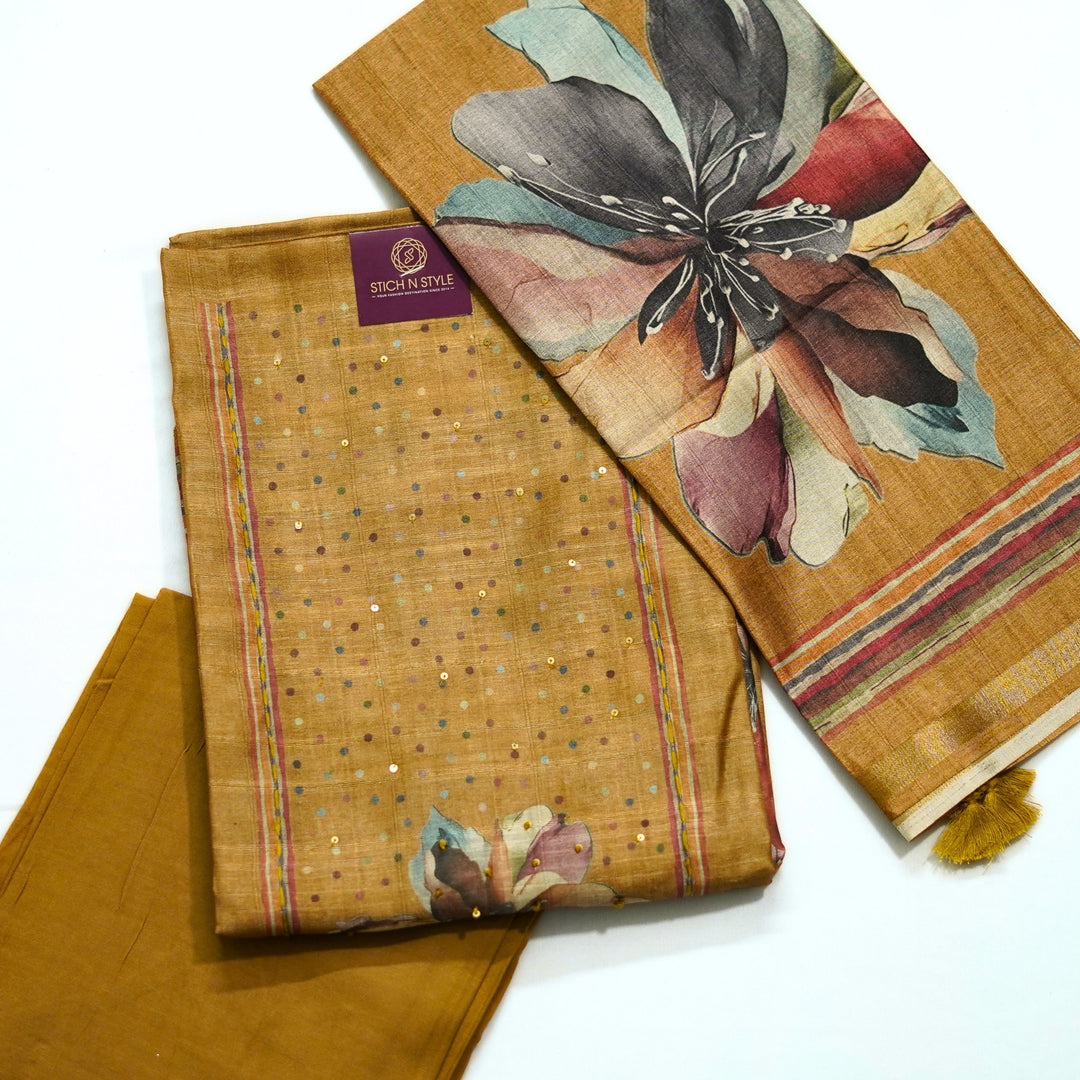 Tussar salwar with yoke sequence work and digital print dhupatta.
