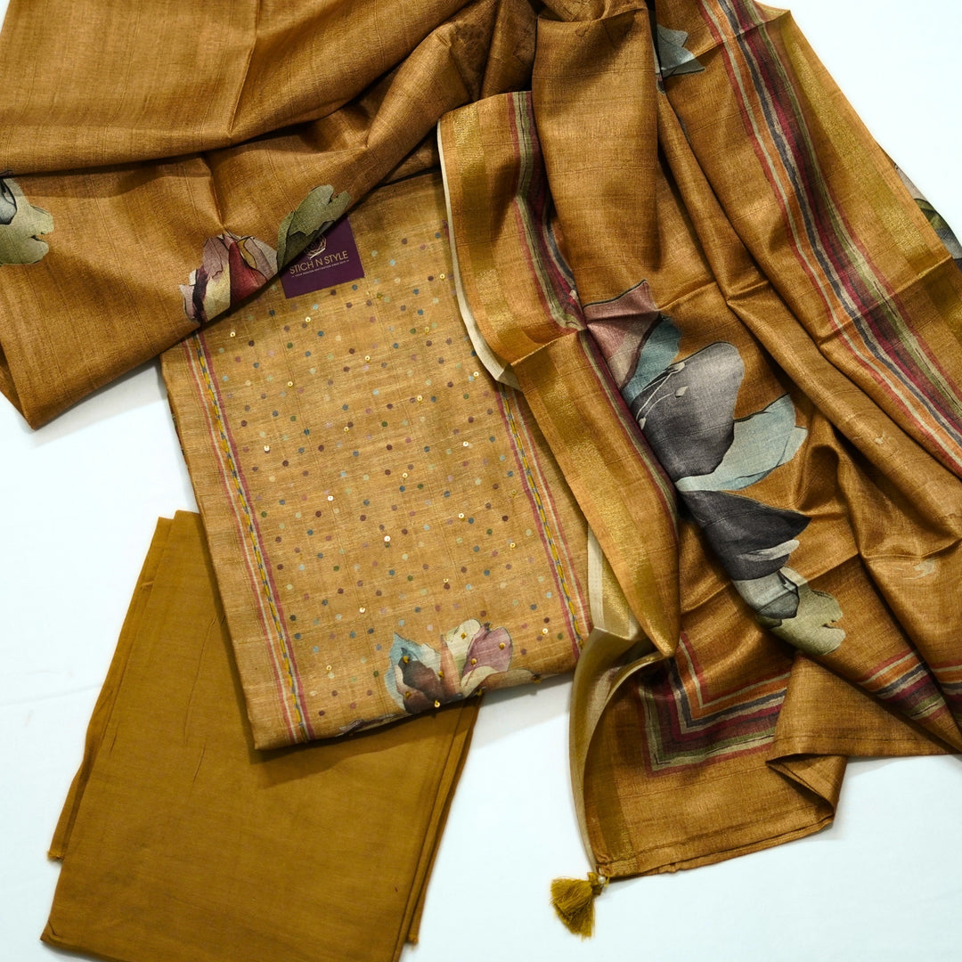 Tussar salwar with yoke sequence work and digital print dhupatta.