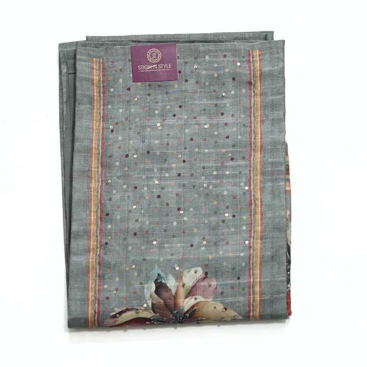 Tussar salwar with yoke sequence work and digital print dhupatta.