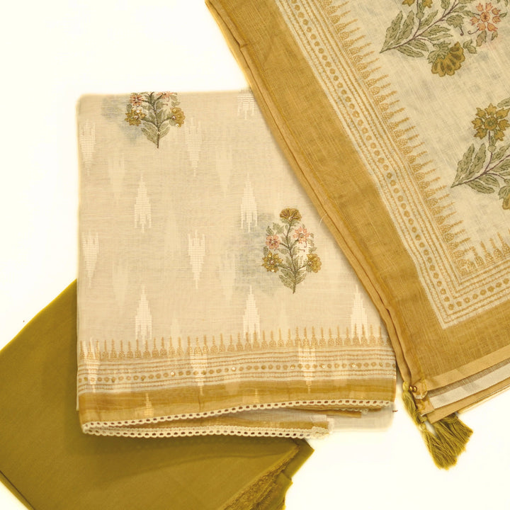Linen half white salwar with linen all over printed dhupatta.