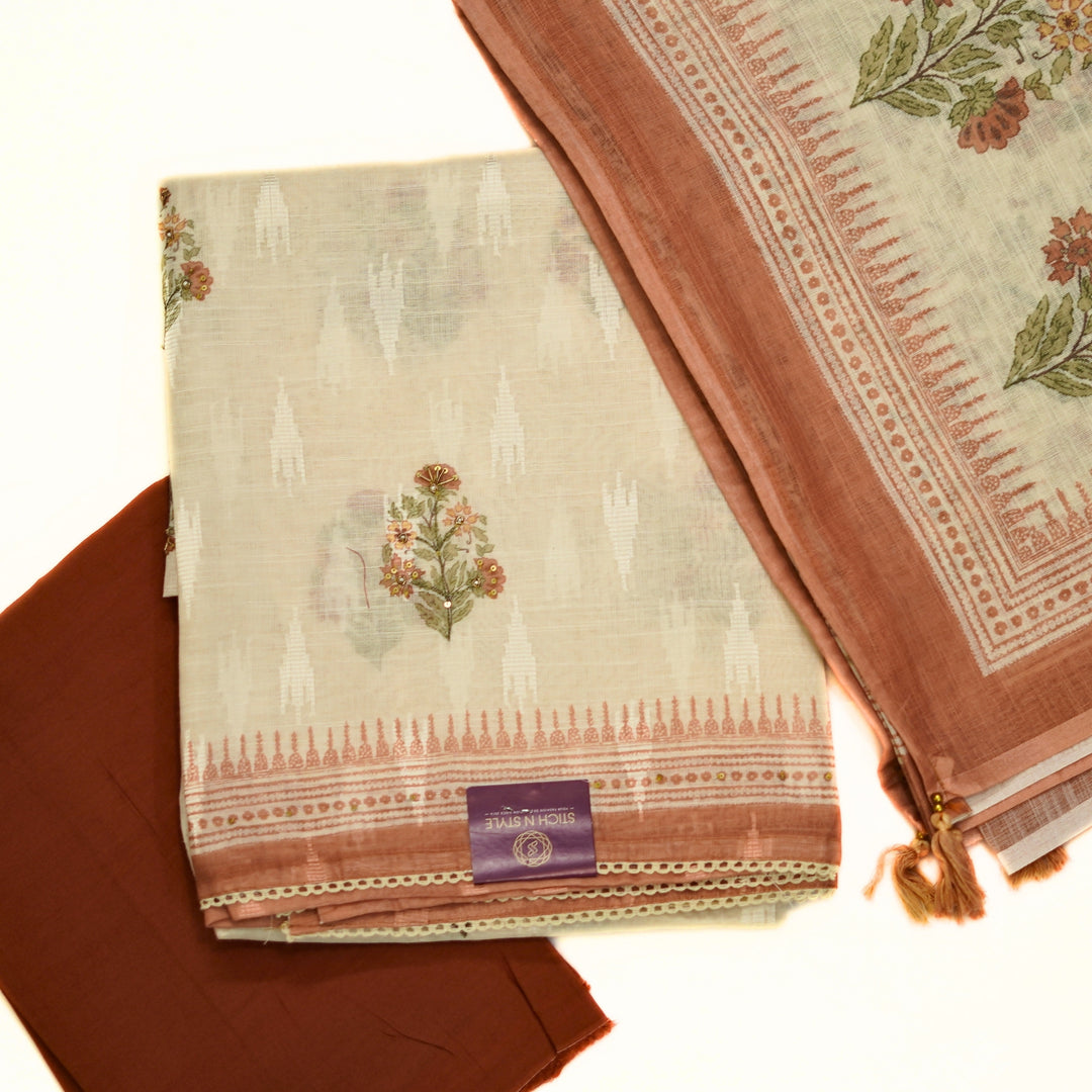 Linen half white salwar with linen all over printed dhupatta.