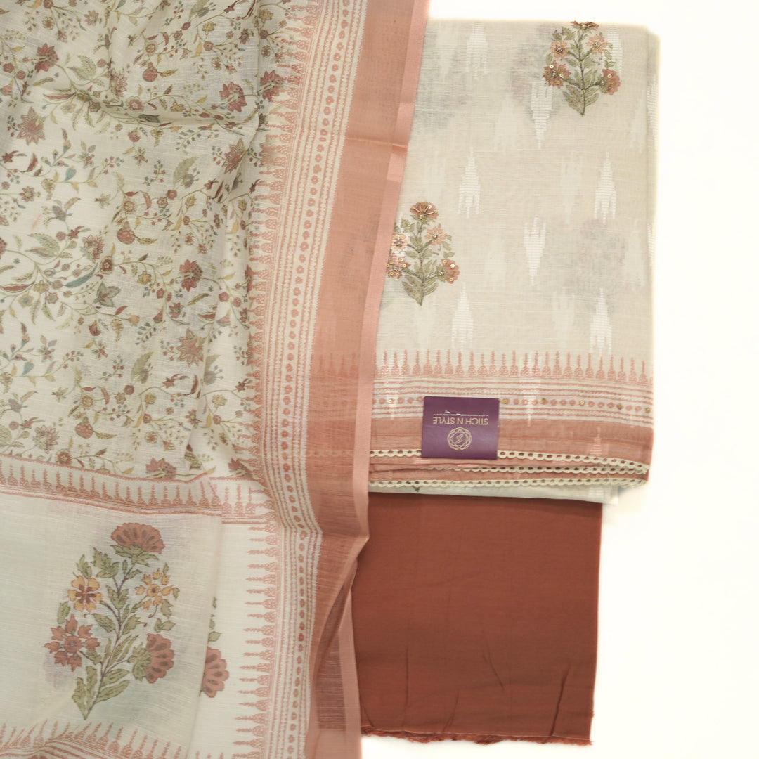 Linen half white salwar with linen all over printed dhupatta.