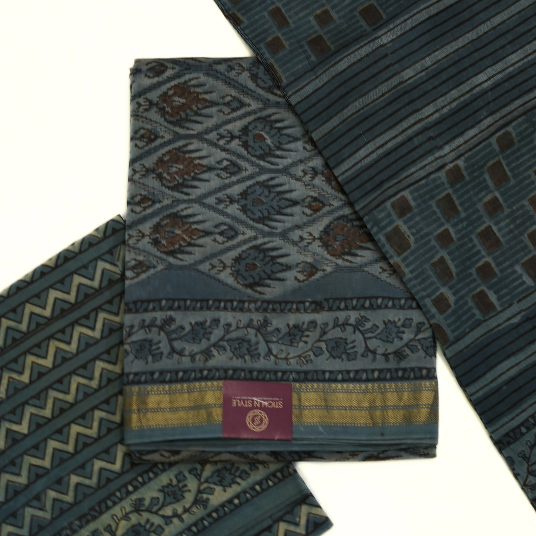 Pure maheswari silk with ikkat and zari border.