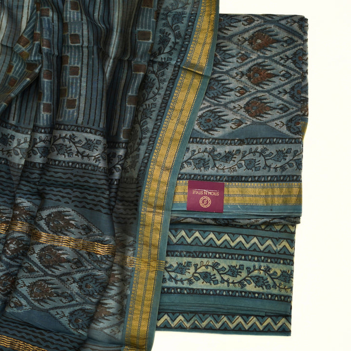 Pure maheswari silk with ikkat and zari border.