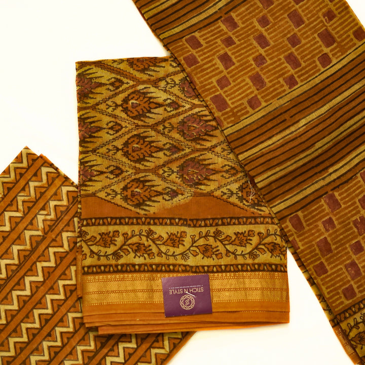 Pure maheswari silk with ikkat and zari border.