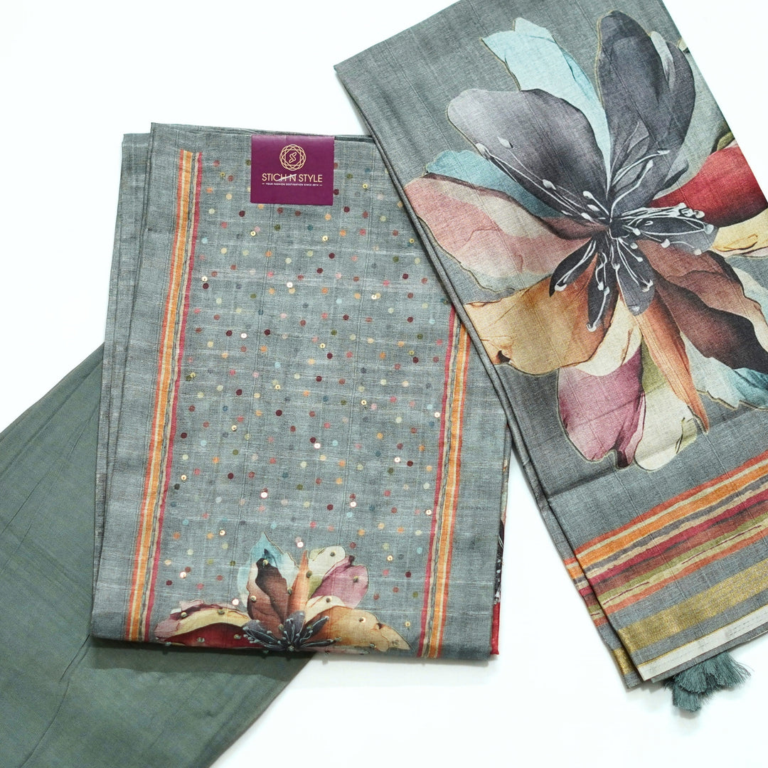 Tussar salwar with yoke sequence work and digital print dhupatta.