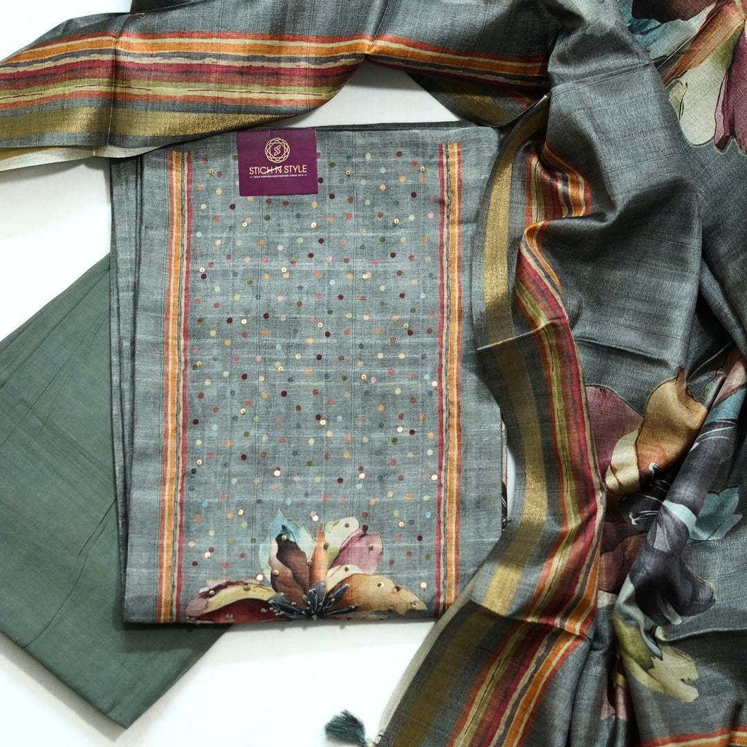 Tussar salwar with yoke sequence work and digital print dhupatta.