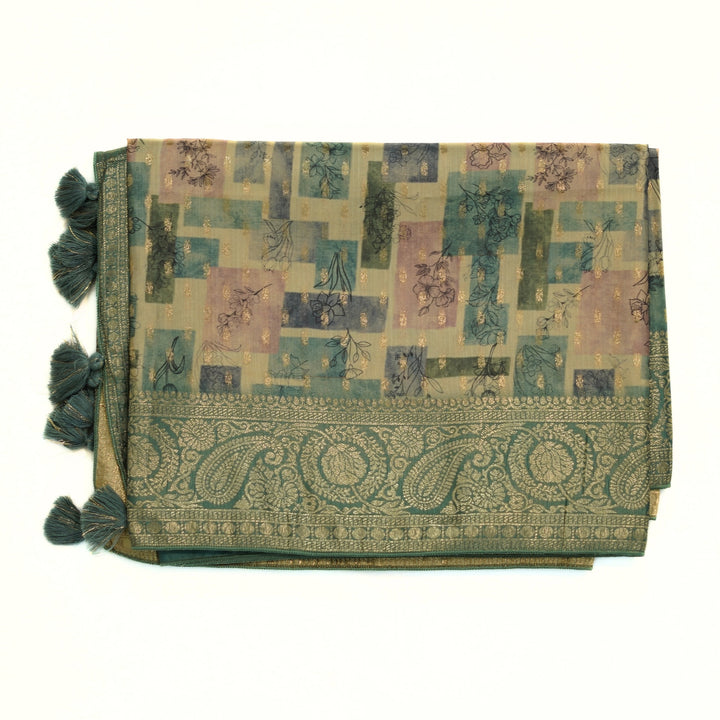 Russian silk with zari border and geomentrical design.