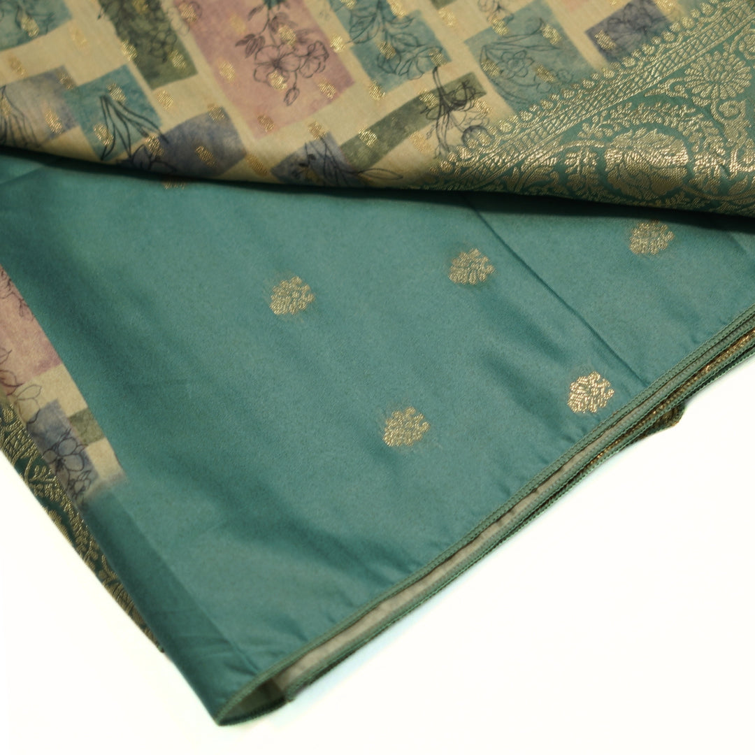 Russian silk with zari border and geomentrical design.